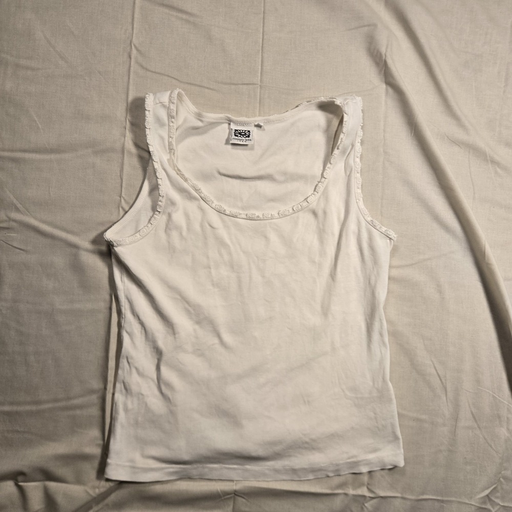 Johnny Was White Tank Top, Scoop Neckline, Floral Trim, Womens Size Medium